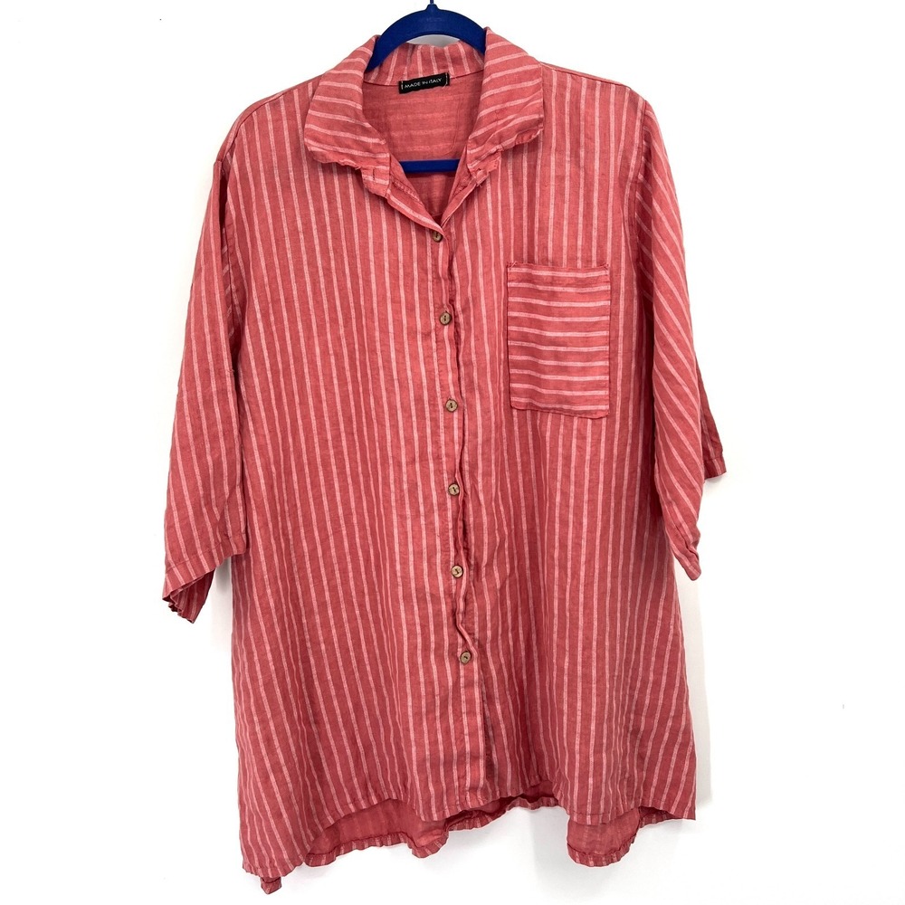 Pink stripe 100% linen lagenlook button front shirt made in Italy coastal 2X